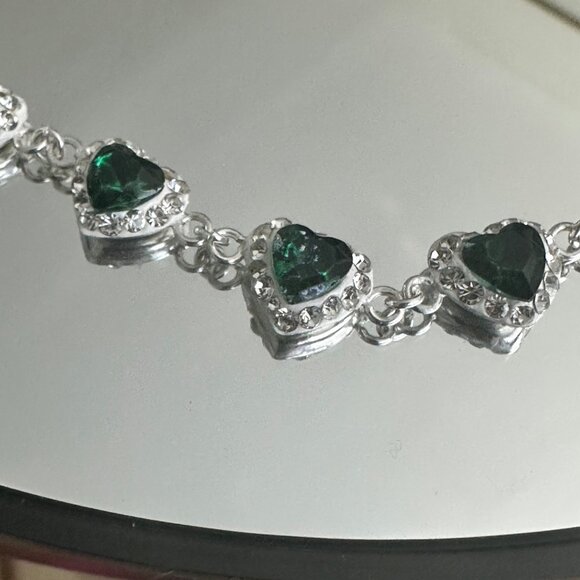 Sterling Silver 925 Choker Heart Green Zircons Stunning Set & Earrings - Picture 5 of 12